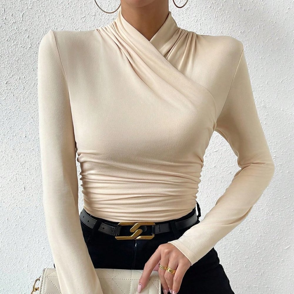 Apricot Boho Womens Solid Surplice Neck Ruched Side Tee - Picture 4 of 5